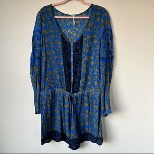 Free People Resort Romper Long Sleeve Lace Boho Blue Size Medium